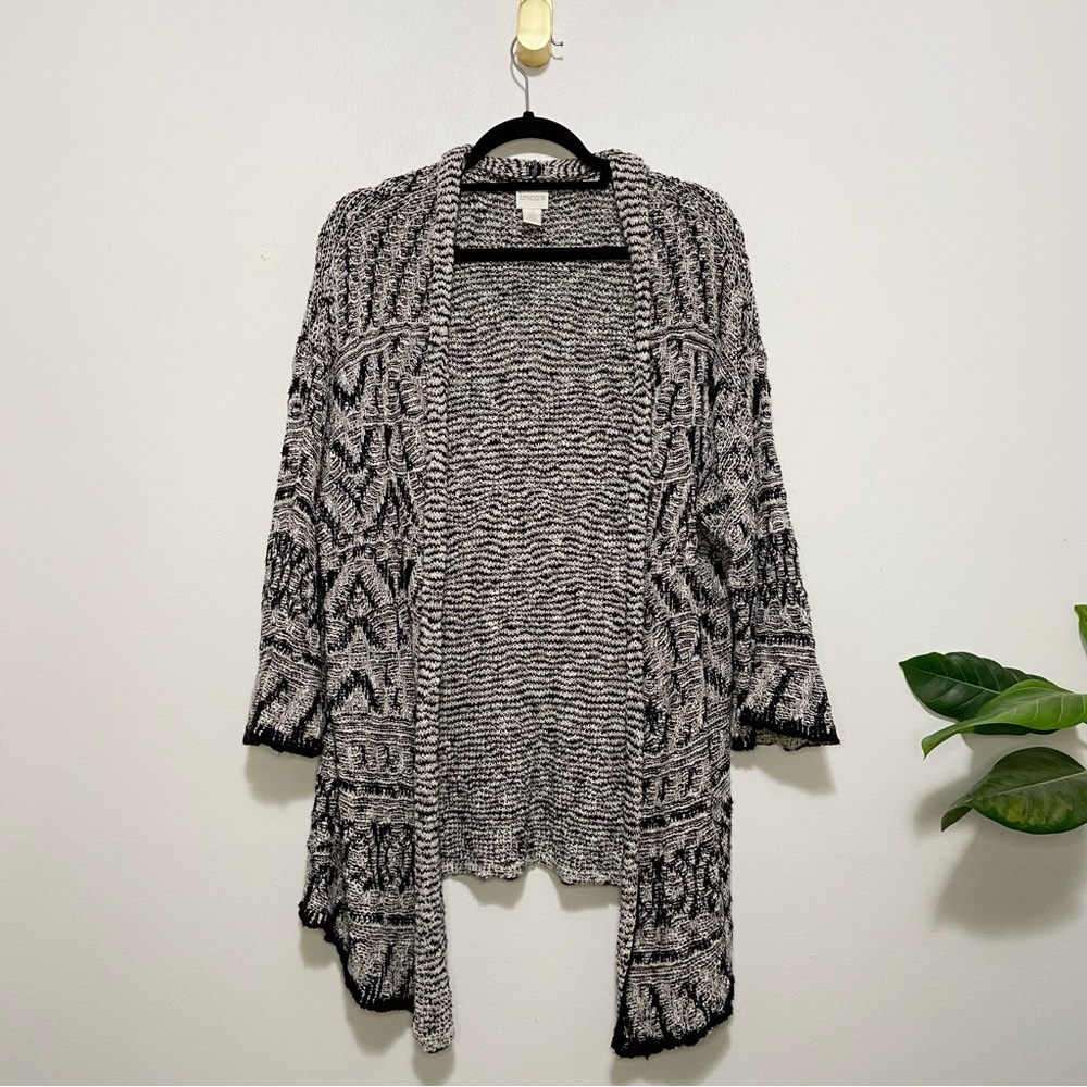 Chico’s Beige Black Knit Diamond Pattern Open Front Cardigan Sweater
